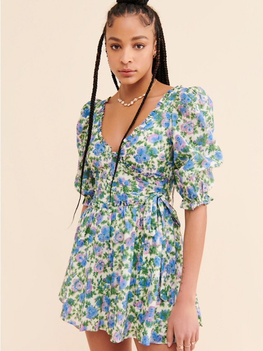 Floral Puff-Sleeve V-Neck Mini Dress - Blue & Green